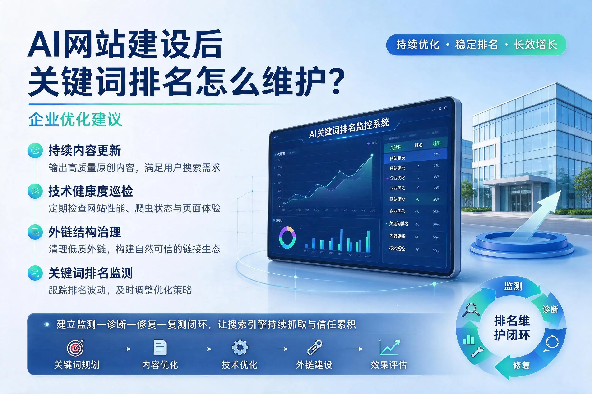 AI网站建设后关键词排名怎么维护?陵水企业优化建议